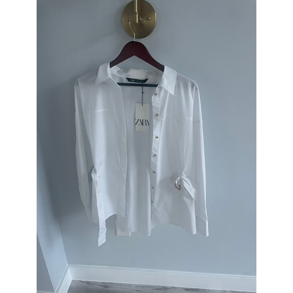 Zara gold button white long sleeve collar button down with belt NWT